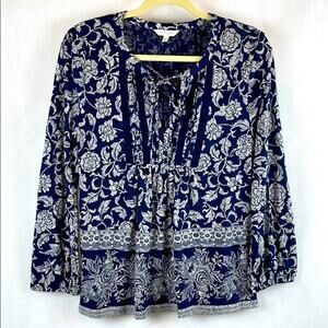 Lucky Brand Boho Peasant Top Blue & White Floral Print Sz. Medium